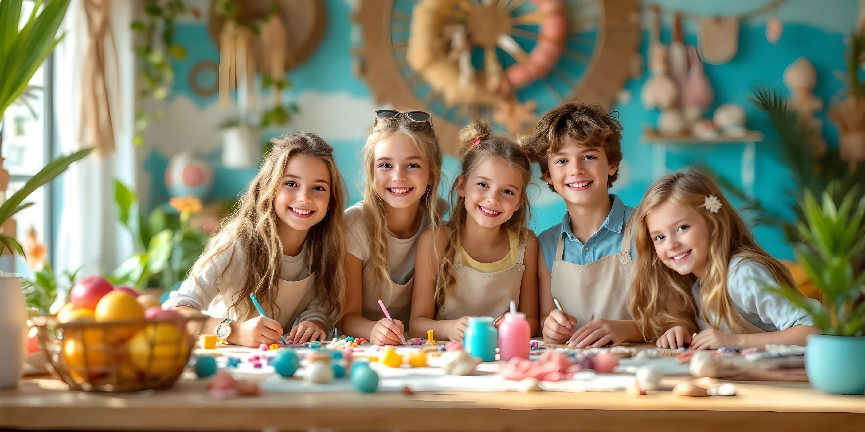 Vijf vrolijke kinderen zitten samen aan tafel en zijn creatief bezig met knutselen en schilderen in een kleurrijke ruimte – een gezellige en feestelijke sfeer voor kinderfeestjes bij Studio Sem.
