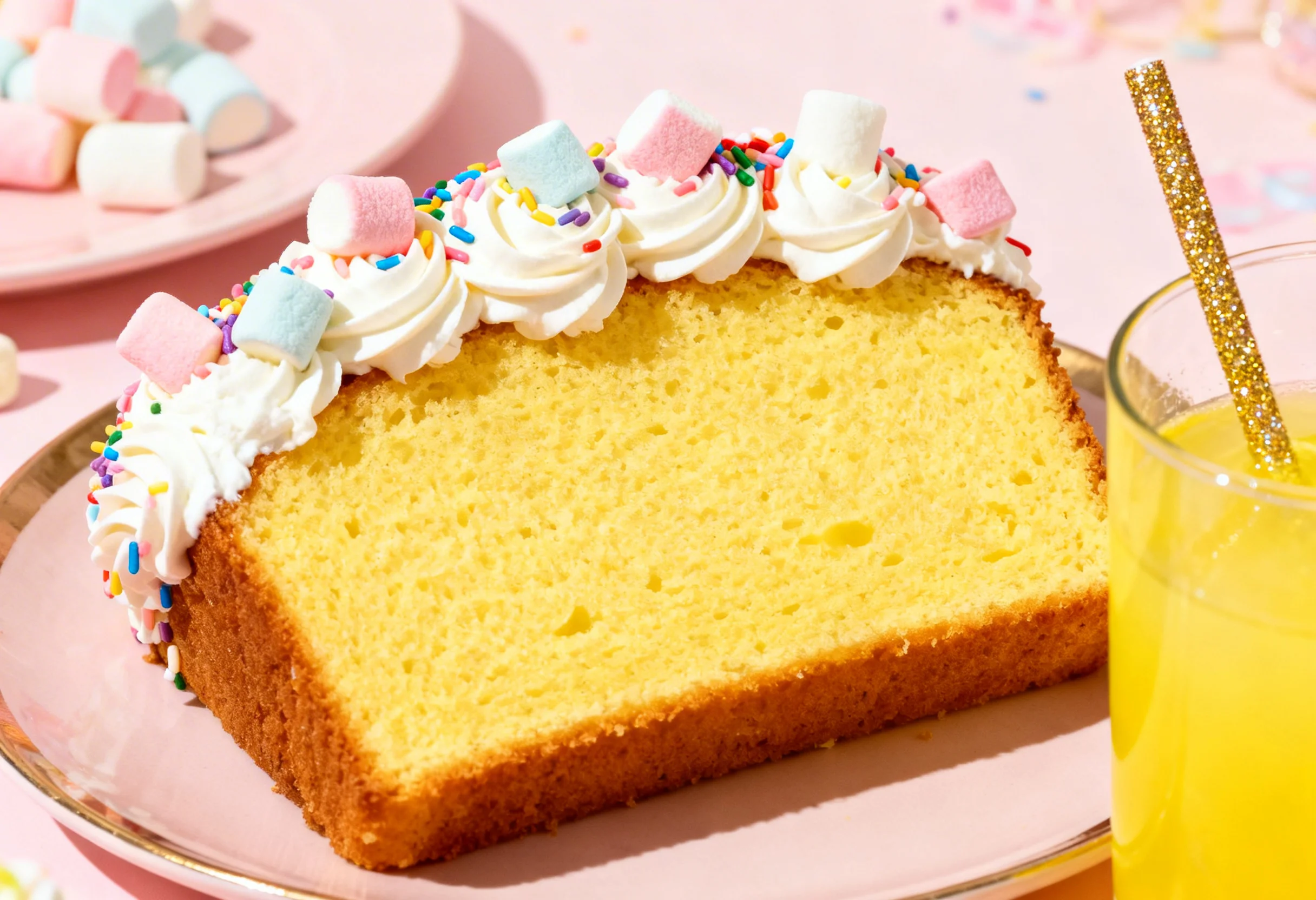 Close-up van een dikke plak gele roombotercake, rijkelijk versierd met toefjes slagroom, kleurrijke sprinkels en mini marshmallows, naast een glas gele ranja met een glitterrietje in een feestelijke setting.