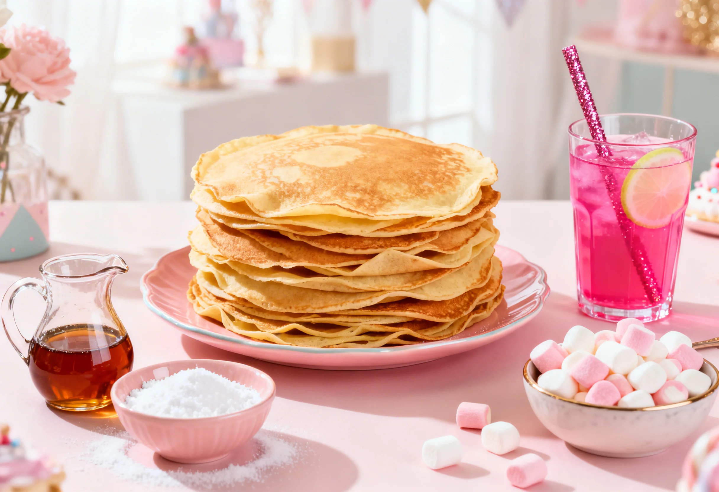Stapel dunne, goudbruine pannenkoeken op een roze bord, met een kannetje stroop, een schaaltje poedersuiker en mini marshmallows erbij, naast een glas roze ranja met een glitterrietje in een feestelijke setting.