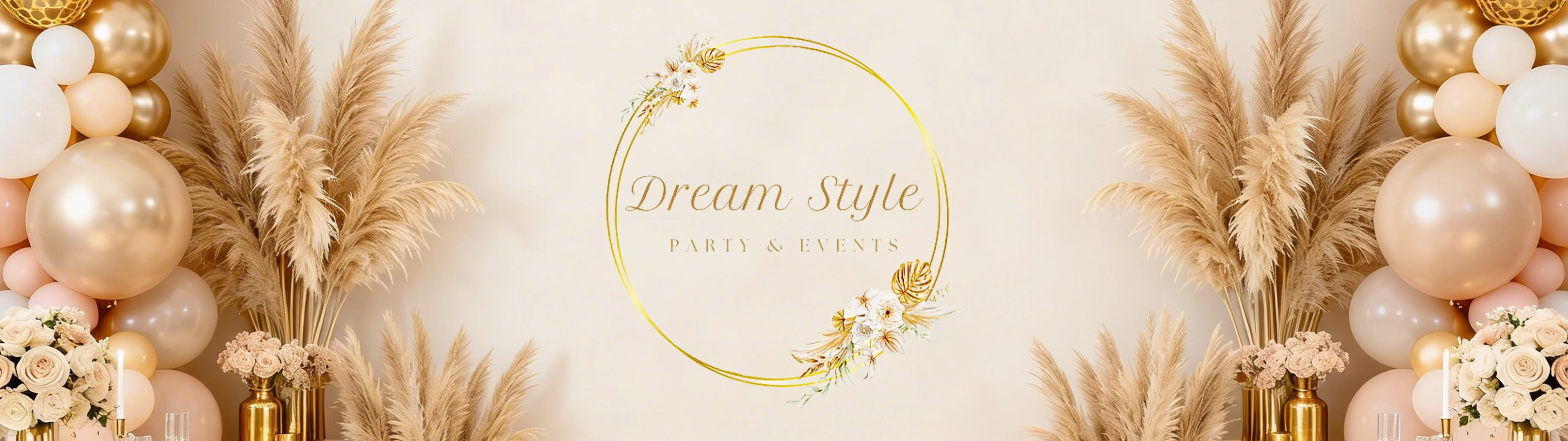 Luxe eventstyling banner met champagnekleurige ballonnen, pampasgrasdecoratie en gouden accenten, met in het midden ruimte voor een logo.